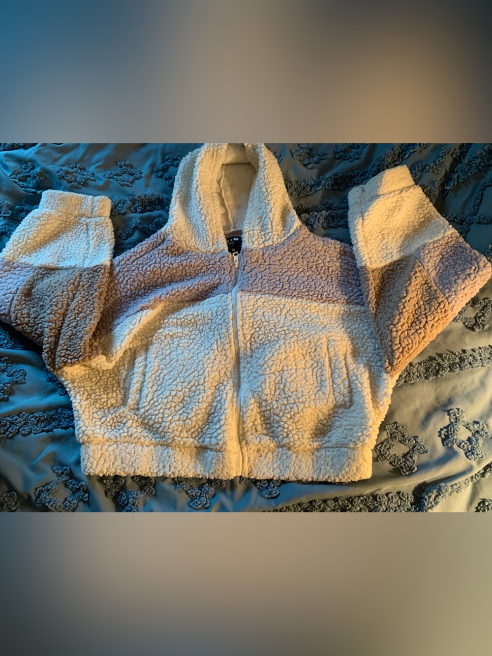 Love + Joy Cozy Cropped Colorblock Sherpa Zip Hoodie in Lavender, Cream & Taupe